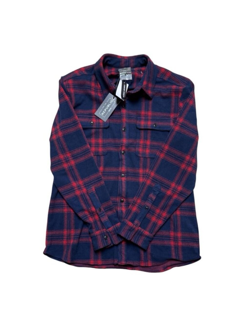 Republic Men Comfort Stretch Plaid Button Shirt Red Blue LG NWT